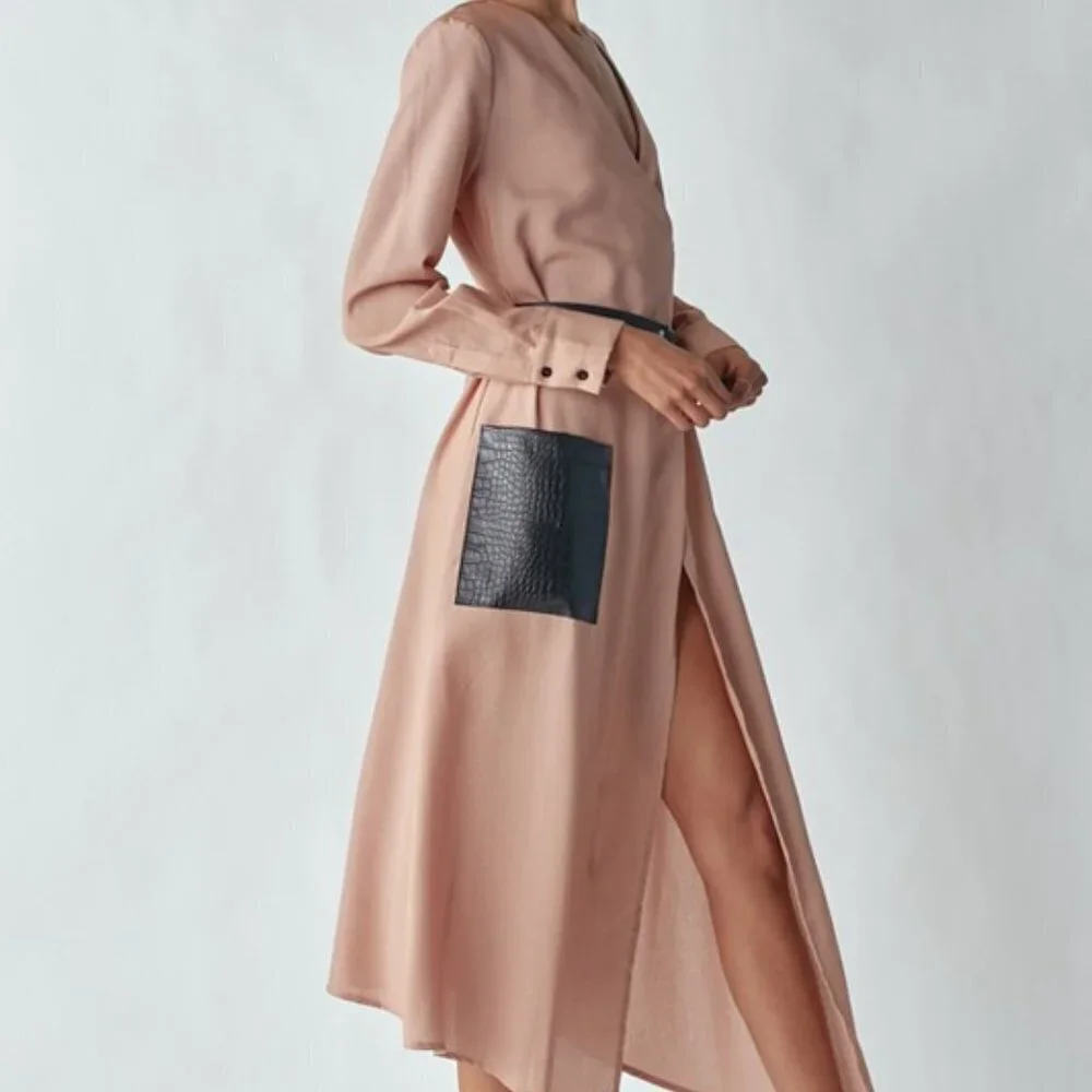 Belted Midi Dress w/ Faux Leather Pocket and Belt | Long Sleeve
